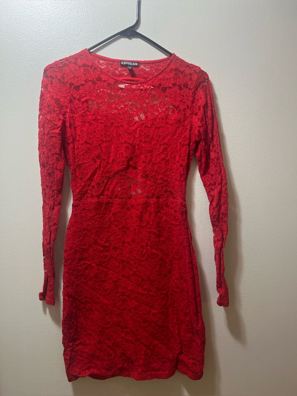 Express Red Lace Long-Sleeve Sheath Dress